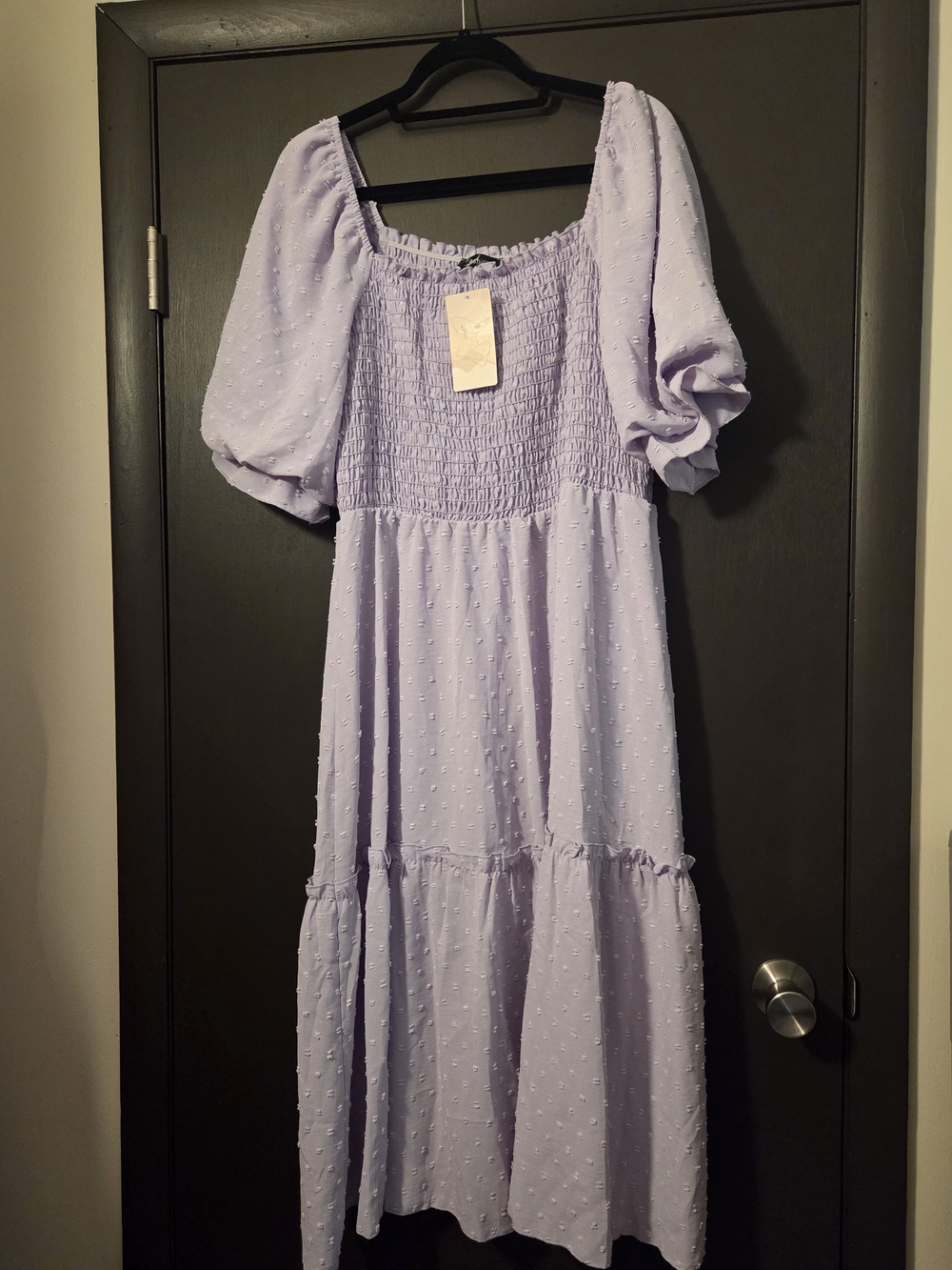 Smocked Puff-Sleeve Midi Dress in Lilac